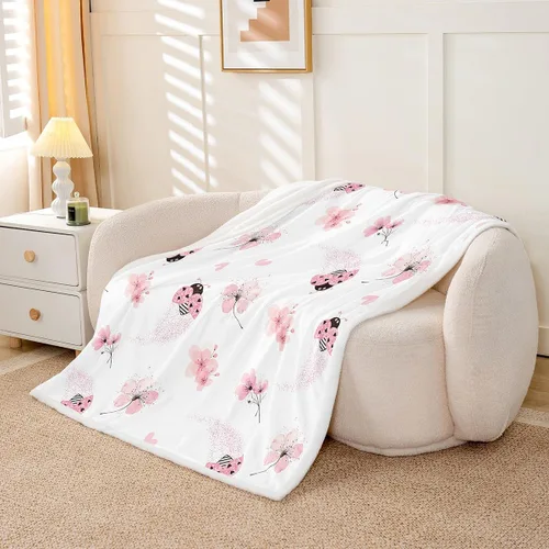 Miniatura 3 de Manta de forro polar con diseño de mariquita, diseño de mariquita, color rosa degradado con purpurina, para sofá o cama, manta Kawaii de dibujos