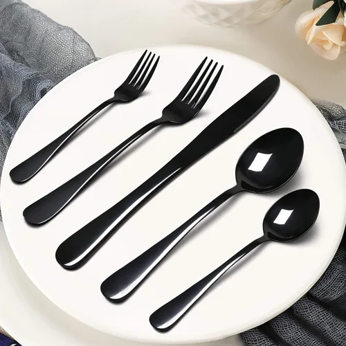 Miniatura 4 de HaWare Juego de cubiertos negros de 49 piezas con organizador de cubiertos, cubiertos de acero inoxidable con 8 cuchillos de carne, utensilios