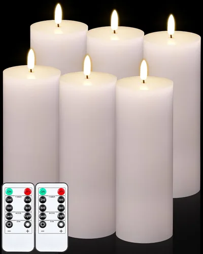 Miniatura 13 de VIHOSE Juego de 6 velas blancas sin llama con control remoto y temporizador, velas parpadeantes sin llama con batería, pilar LED de parte superior