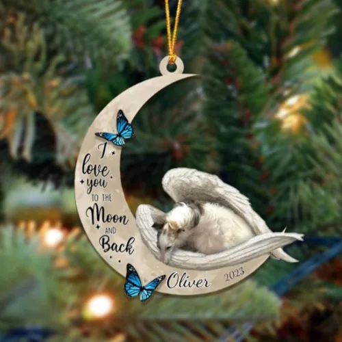 Miniatura 160 de Adorno colgante personalizado de ángel durmiendo en la luna, perro sabueso afgano, nombre personalizado, acrílico impreso en 2D plano – cumpleaños