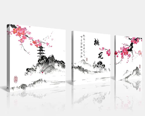 Miniatura 31 de Arte de Pared de Acuarela de Estilo Asiático Tradicional Chino Pájaro en Rama de Flor de Cerezo Roja Decoración Paisaje Floral Oriental Pintura
