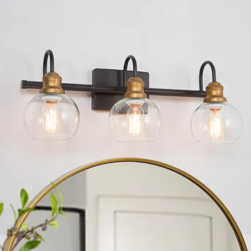 KSANA Luminaria de Baño Estilo Granja, Lámpara de Tocador Moderna Negro Dorado de 3 Luces con Pantalla de Vidrio Transparente Abierta, Lámpara de
