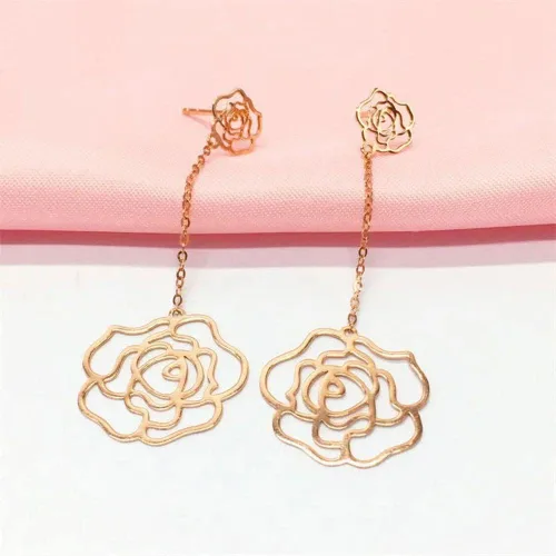SAGEKING 2024 New 585 Purple Gold Plated 14K Rose Gold Gift Fashion Flower Long Earrings For Women Light Luxury Wedding Jewelry For Girlfriend Gift