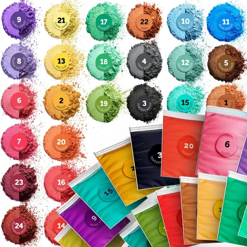 Polvo de mica de grado cosmético de 24 x 0.15 onzas, surtido de colores – Pigmento colorante orgánico para epoxi, fabricación de jabón, brillo de