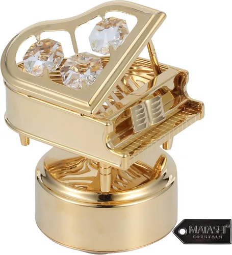 Matashi Caja de música de piano chapada en oro de 24 quilates, figura con tachuelas de cristal, hermosa decoración para el hogar y la oficina,