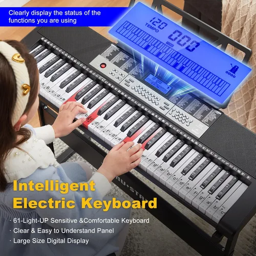 Miniatura 5 de Teclado de piano de 61 teclas, piano eléctrico con teclas iluminadas, 255 tonos/ritmos, sistema de aprendizaje inteligente, auriculares, micrófono
