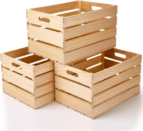 Miniatura 8 de Weysat Paquete de 3 cajas grandes de madera para almacenamiento, 16 x 12 x 9.5 pulgadas, cajas de madera sin ensamblar con asa, caja decorativa