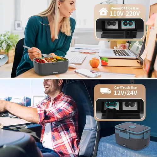 Miniatura 4 de Geveniss Fiambrera eléctrica para hombres, mujeres y adultos, calentamiento rápido de 80 W, lonchera térmica con recipientes dobles SS de 1.5 L
