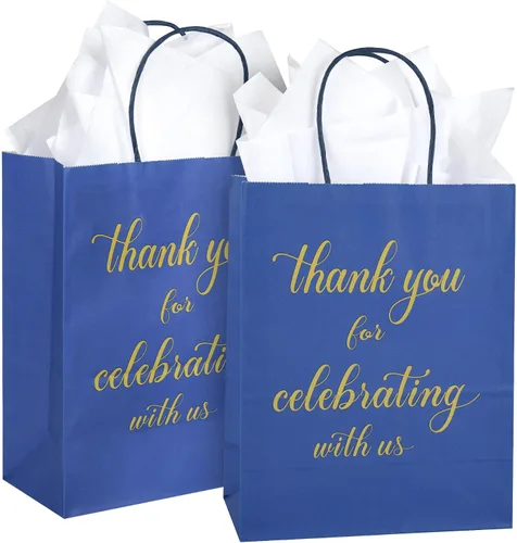 DjinnGlory Paquete de 50 bolsas de regalo de papel de bienvenida de tamaño mediano color azul marino de 10 x 8 x 4 pulgadas, bolsas de
