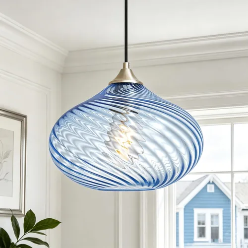 Miniatura 18 de Glass Pendant Lights Kitchen Island, 11'' Brass Gold Pendant Lighting Fixtures, Modern Hanging Ceiling Light with Striped Clear Glass Shade for