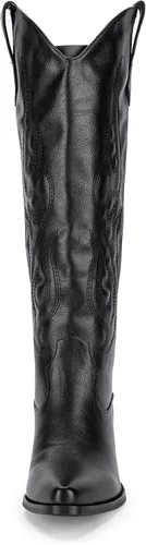 Miniatura 3 de Pasuot Botas vaqueras occidentales para mujer, botas vaqueras negras hasta la rodilla, pantorrilla ancha con bordado occidental, puntera puntiaguda