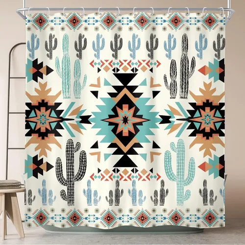 Miniatura 24 de Newsely Cortina de Ducha Pequeña para Caseta RV Occidental Azteca de Cactus 36Wx72H Pulgadas Campista Suroeste Boho Geométrica Étnica Cortina