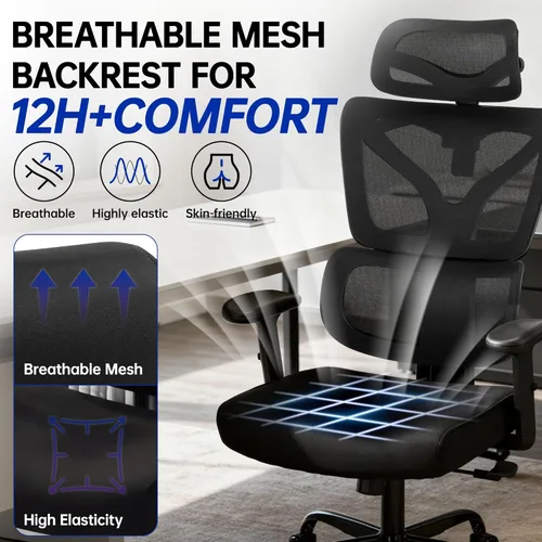 Miniatura 4 de Silla de oficina ergonómica, silla de computadora de malla con respaldo alto con cómodo soporte lumbar adaptativo, colgador de abrigo integrado