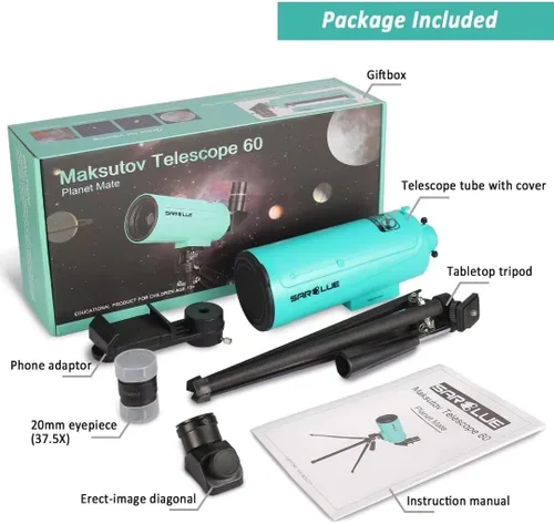 Miniatura 7 de Maksutov-Cassegrain Telescopio para adultos y niños principiantes de astronomía, Sarblue Mak60 Telescopio compuesto catadióptrico 29.528x2.362 in