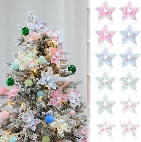 Janinka 12 piezas de dulces para árbol de Navidad, flores de pascua en colores pastel, decoración de 4 colores con 12 piezas de tallo para corona,