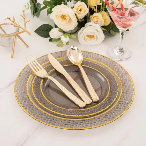Miniatura 8 de Nervure - 150 piezas de platos de plástico negro transparente - Platos de fiesta dorados - Set de vajilla negra y dorada incluye: 50 platos, 25