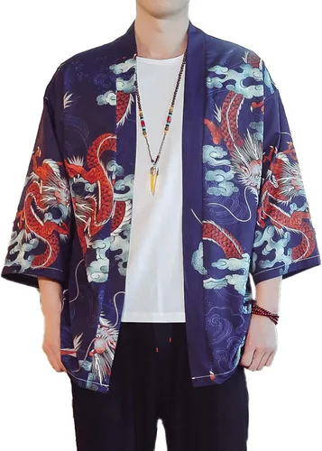 Miniatura 16 de PRIJOUHE Chaqueta Kimono Ligera para Hombre de Manga Tres Cuartos con Frente Abierto Cárdigan Estilo Japonés