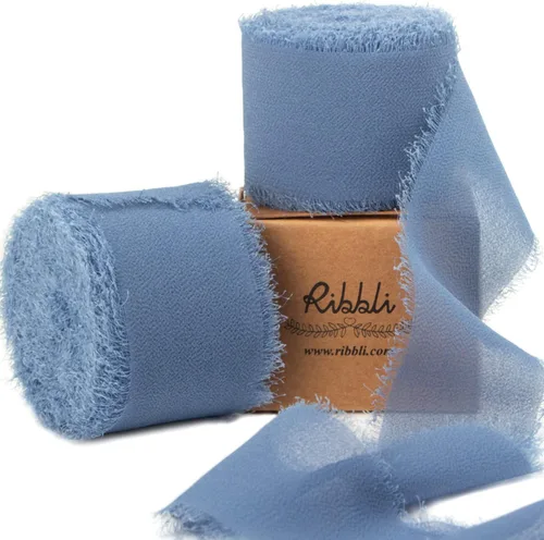 Miniatura 8 de Ribbli Cinta de Gasa Azul Marino Profundo de 1-1/2 pulgadas x 20 Yardas Cinta de Seda de Gasa con Flecos Hecha a Mano, Cinta Azul para Invitaciones