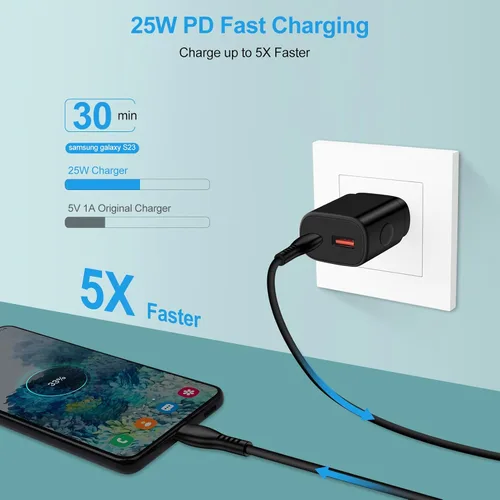 Miniatura 2 de Cargador súper rápido de 25 W, tipo C, bloque de carga rápida de doble puerto para Samsung Galaxy S25/S24 FE/S24/Z Flip 7/A17/A16/A36/A15/A14 Negro-1