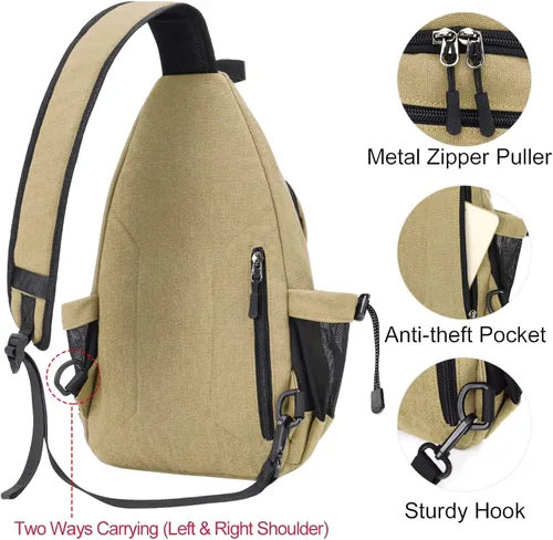 Miniatura 5 de MOSISO - Mochila bandolera de lona, mochila de día para senderismo con bolsillo antirrobo Caqui