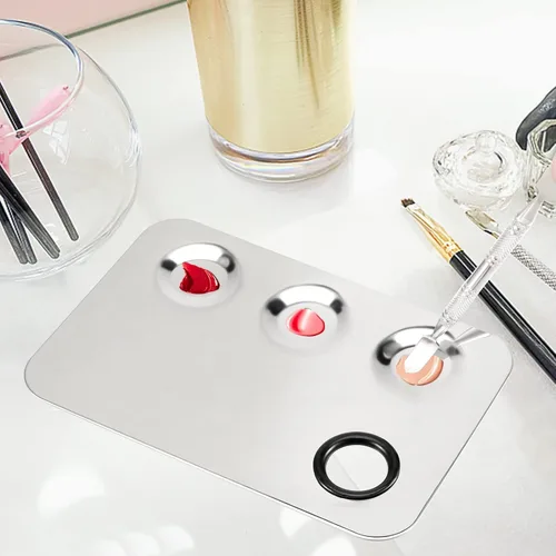 Miniatura 8 de SEUNMUK Paquete de 6 paletas de cosméticos de acero inoxidable de 6 x 4 pulgadas con espátula, paleta de maquillaje de 3 pocillos, bandeja de metal