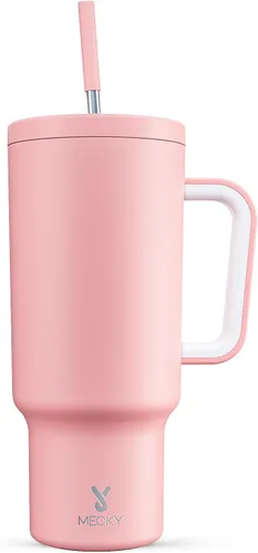 Miniatura 47 de Meoky - Vaso de 30 oz con asa, tapa y pajilla, taza de viaje térmica de acero inoxidable 100% a prueba de fugas, para portavasos, mantiene el frío