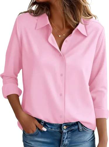 Miniatura 15 de CBOO Camisas resistentes a las manchas para mujer, sin arrugas y sin planchado, blusa de manga larga con botones para oficina Blanco resistente a