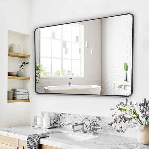 Miniatura 6 de Espejo de pared rectangular con marco de metal negro de 30 x 40 pulgadas, espejo rectangular grande y redondeado, antioxidante, se cuelga horizontal