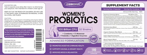 Miniatura 9 de ZEBORA Probióticos para la salud digestiva con enzimas y prebióticos, probióticos vaginales con manosa D y arándano, 100 mil millones de UFC