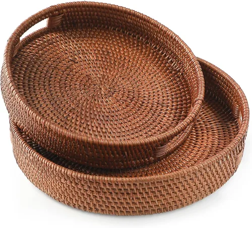 Miniatura 10 de HITOMEN Bandeja de mimbre redonda tejida a mano de 11.8 pulgadas con asas para mesa de café (marrón cálido-M)