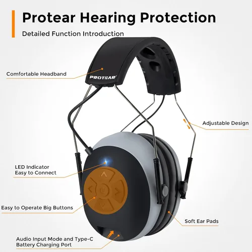 Miniatura 2 de Protección auditiva Bluetooth NRR 25dB micrófono integrado, protección auditiva recargable con Bluetooth, auriculares con cancelación de ruido manos