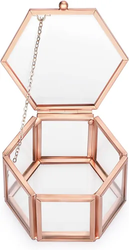 Hipiwe Joyero de cristal vintage, organizador de exhibición de joyas hexagonal dorada, caja de recuerdos, caja decorativa para el hogar, caja para