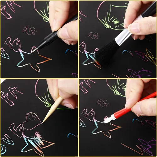 Miniatura 5 de Tatuo - Juego de 27 herramientas para rascar con lápiz de color para rascar y raspar el pincel negro para pintura de papel