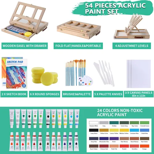 Miniatura 2 de Juego de pintura acrílica de 54 piezas con soporte de caballete de mesa, suministros completos de pintura para principiantes con pinturas acrílicas