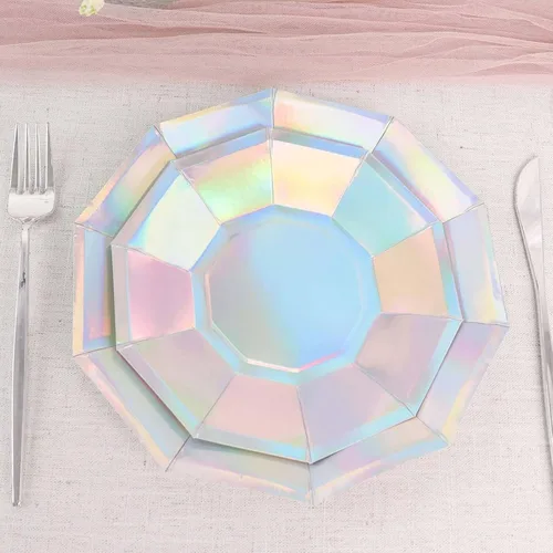 Efavormart - Paquete de 25 platos de papel decagonal iridiscentes de 7.5 pulgadas, platos de postre geométricos resistentes de 300 GSM para Tipo 3