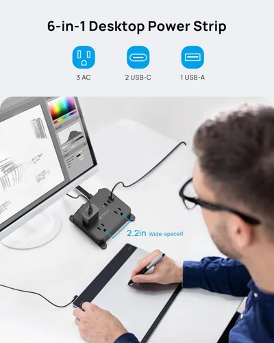 Miniatura 3 de TROND Cable de Extensión Plano Ultra Delgado, Regleta de Alimentación de Enchufe Plano con 3 Cargadores USB, 3 Salidas de CA Estación de Carga