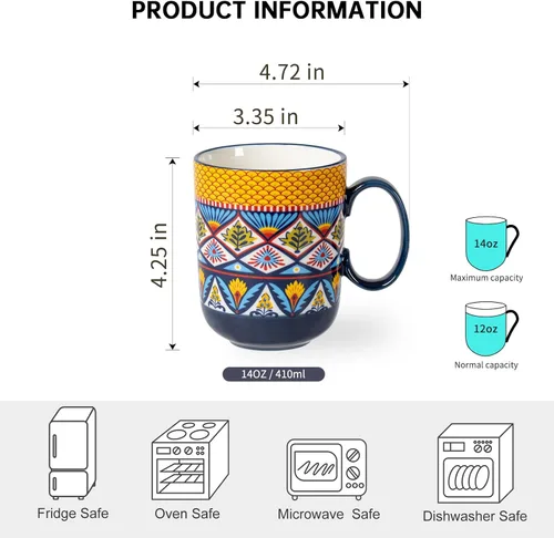 Miniatura 2 de HENXFEN LEAD Juego de 6 tazas de café bohemias de cerámica, tazas coloridas de 14 onzas para té, café con leche y chocolate caliente, aptas