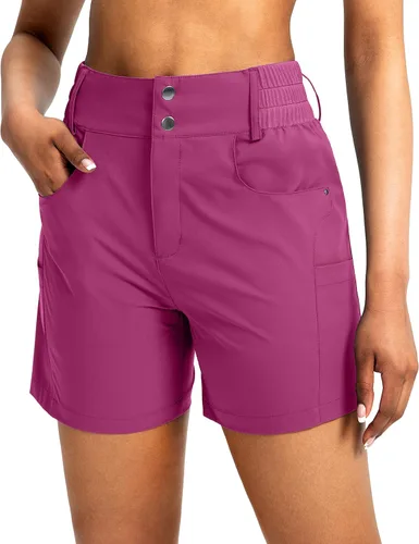Miniatura 14 de Viodia - Pantalones cortos de senderismo de 5" para mujer, para golf con bolsillos, de cintura alta, elásticos, cargo, pantalones cortos para mujer
