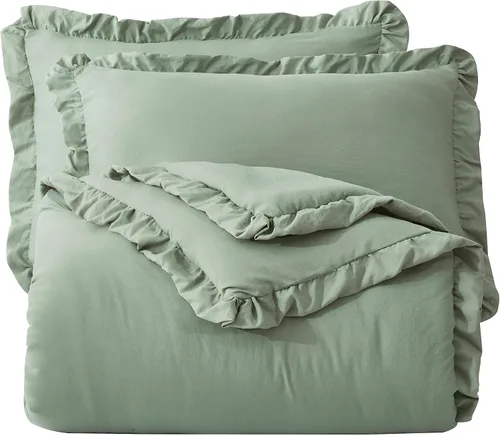 Miniatura 7 de Chezmoi Collection - Juego de edredón Nora de color verde saúco con volantes, tamaño Queen extragrande, 3 piezas, ropa de cama ligera y suave lavada