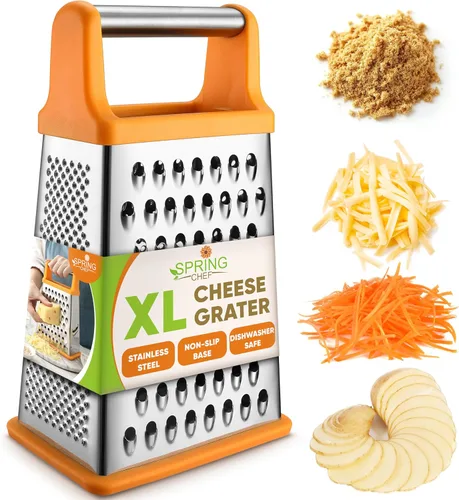 Spring Chef Rallador de Queso Parmesano XL de Acero Inoxidable Manual con Mango - Rallador de Caja Manual de 4 Lados para Cocina - Triturador de