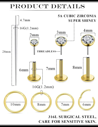 Miniatura 2 de Aretes de nariz de acero quirúrgico 316L, 20G, 18G y 16G, sin rosca, aretes de lóbulo para cartílago, cartílago, oreja, labio, piercing para mujeres