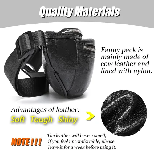 Miniatura 4 de Riñonera de cuero negro para hombres y mujeres, bolsa de cintura de cuero genuino con correa ajustable para caminar, senderismo, ciclismo, C805#Negro