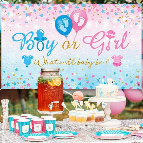 Miniatura 4 de Fondo de revelación de género para niño o niña, fondo azul y rosa para fiesta de revelación de género, cartel con texto en inglés «What Will Baby