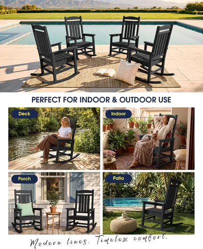 Miniatura 8 de Mecedoras de exterior KINGYES, mecedoras de patio todo clima de HDPE con respaldo alto para adultos, de color negro Negro oscuro