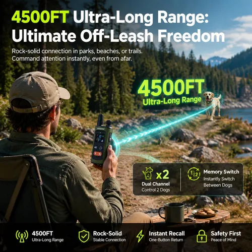 Miniatura 3 de Training Collar for Dogs with Remote Control, Green 4500FT Range, IPX8 Waterproof, 5-150 Lbs, 4 Training Modes, Security Lock, Dog Training