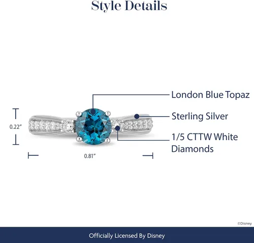Miniatura 3 de Jewelili Enchanted Disney Fine Jewelry - Anillo de plata de ley con diamante de 1/5 quilates y topacio azul londinense