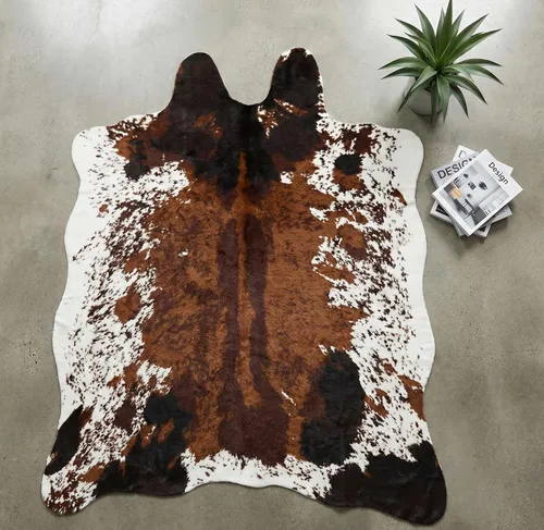 JACCAWS Alfombra de piel de vaca sintética grande (6.2 x 8.2 pies), alfombra con estampado de vaca tricolor con patrón natural, alfombra de piel de