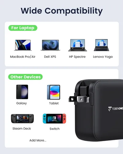 Miniatura 3 de TobenONE Cargador USB C de 100 W, adaptador de fuente de alimentación universal GaN III, cargador rápido plegable de repuesto PD3.0 para MacBook