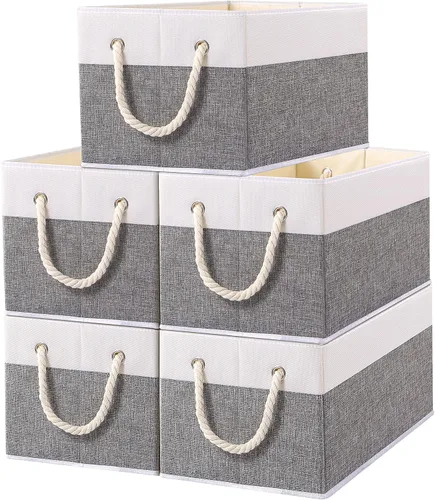 Miniatura 7 de Yawinhe Paquete de 3 cubos plegables de almacenamiento de tela, cubos plegables con asa de cuerda, organizadores grandes de armario para estantes