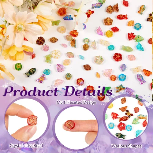 Miniatura 2 de Hicarer 100 cuentas de vidrio surtidas para la fabricación de joyas, colores de lámpara, hongo, pájaro, flor, cuentas sueltas para manualidades